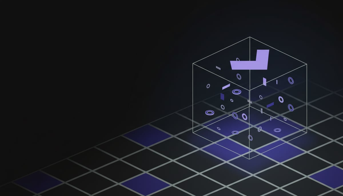 Isometric wireframe cube floating above a violet-tiled stage — the new Curioz salary benchmarking platform