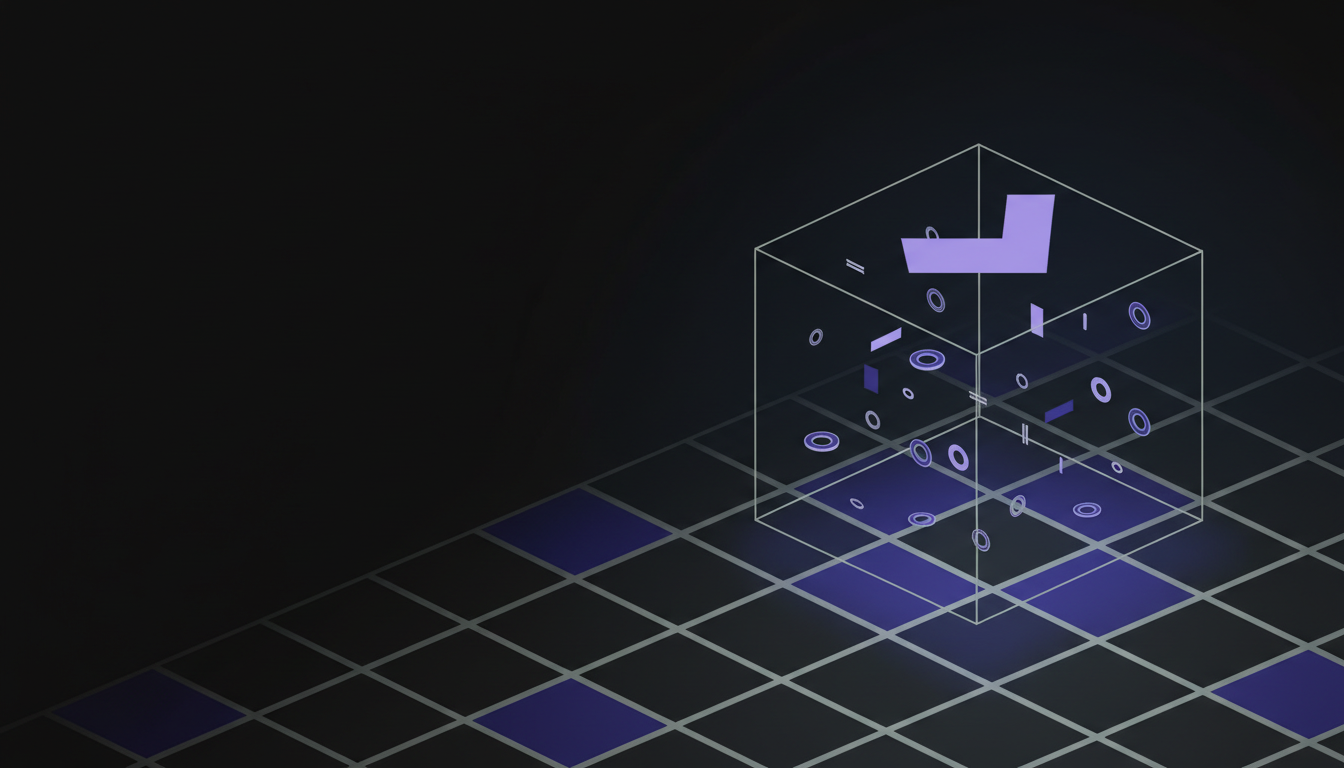 Isometric wireframe cube floating above a violet-tiled stage — the new Curioz salary benchmarking platform